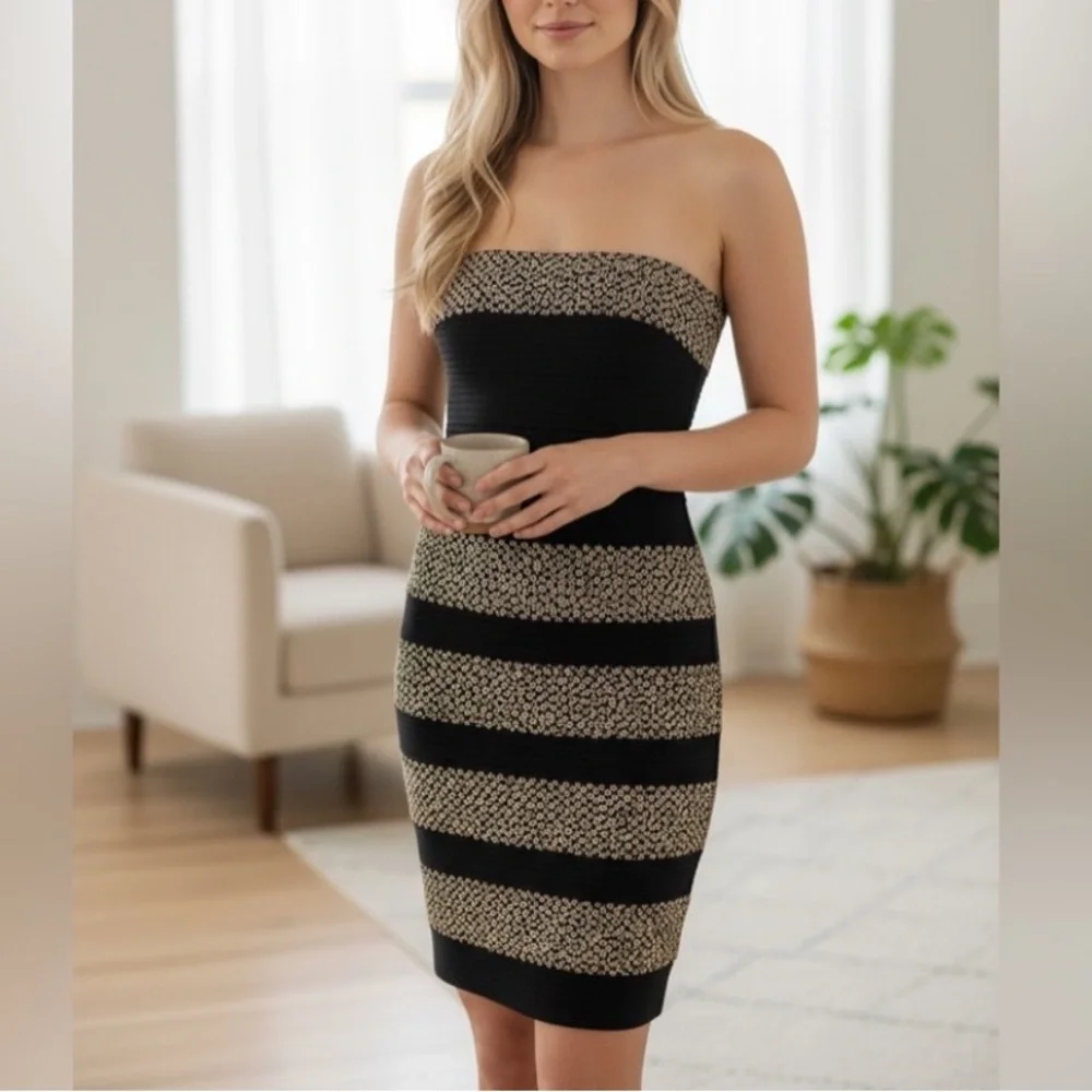 NEW•VENUS•XL• SHIMMER ON GORGEOUS BLACK & GOLD GLAM STRAPLESS BODY CON - Picture 1 of 16